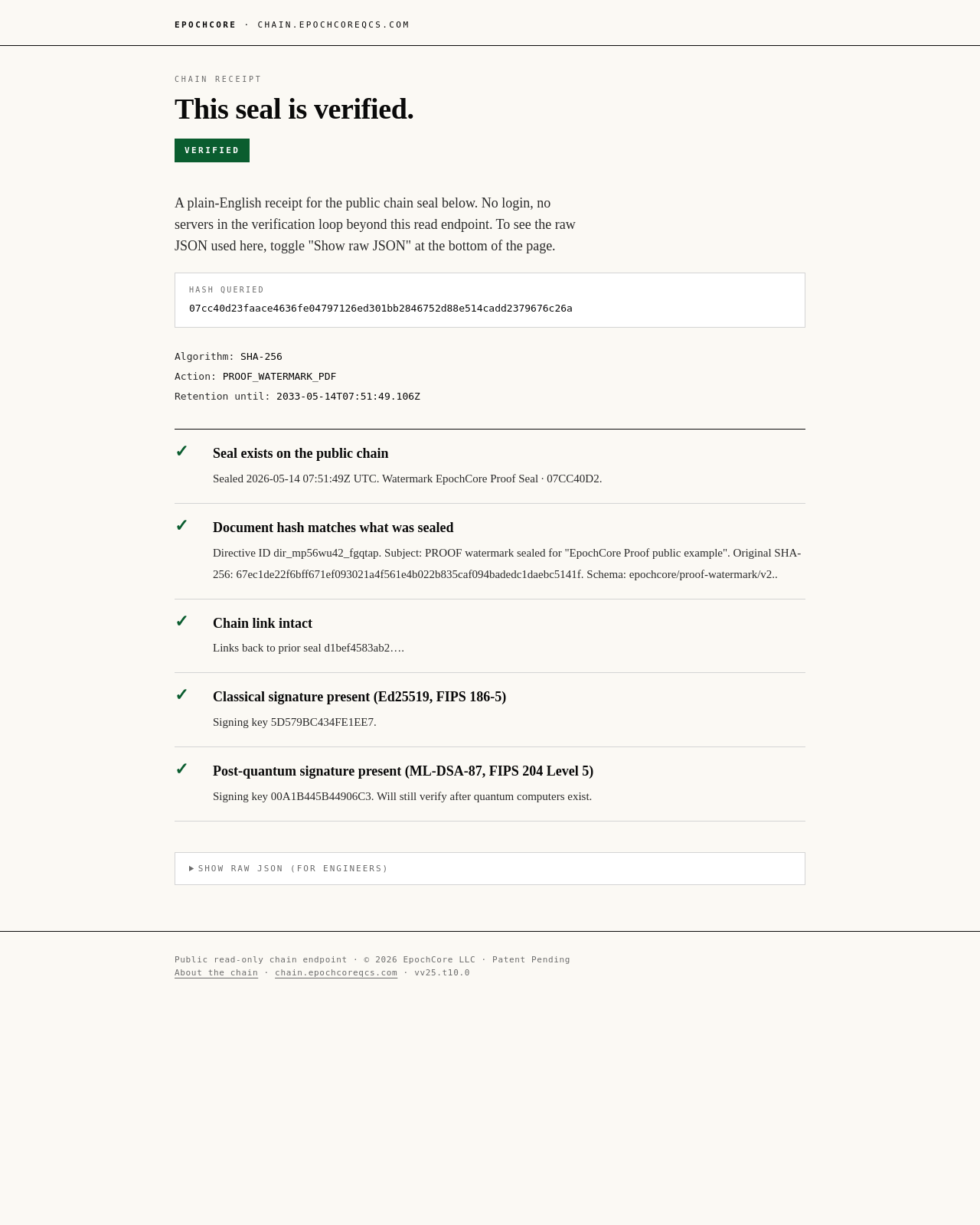 A real VERIFIED chain receipt — VERIFIED verdict plus five plain-English gates: receipt exists on the public record, document fingerprint matches, prior-receipt link intact, bank-grade signature present, and future-proof signature present.